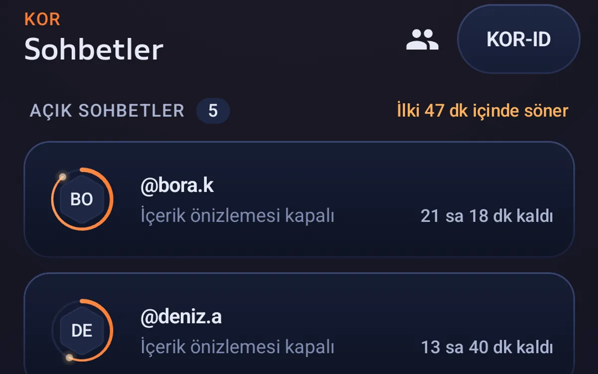 KOR chat list: each chat shows its remaining time and no message preview